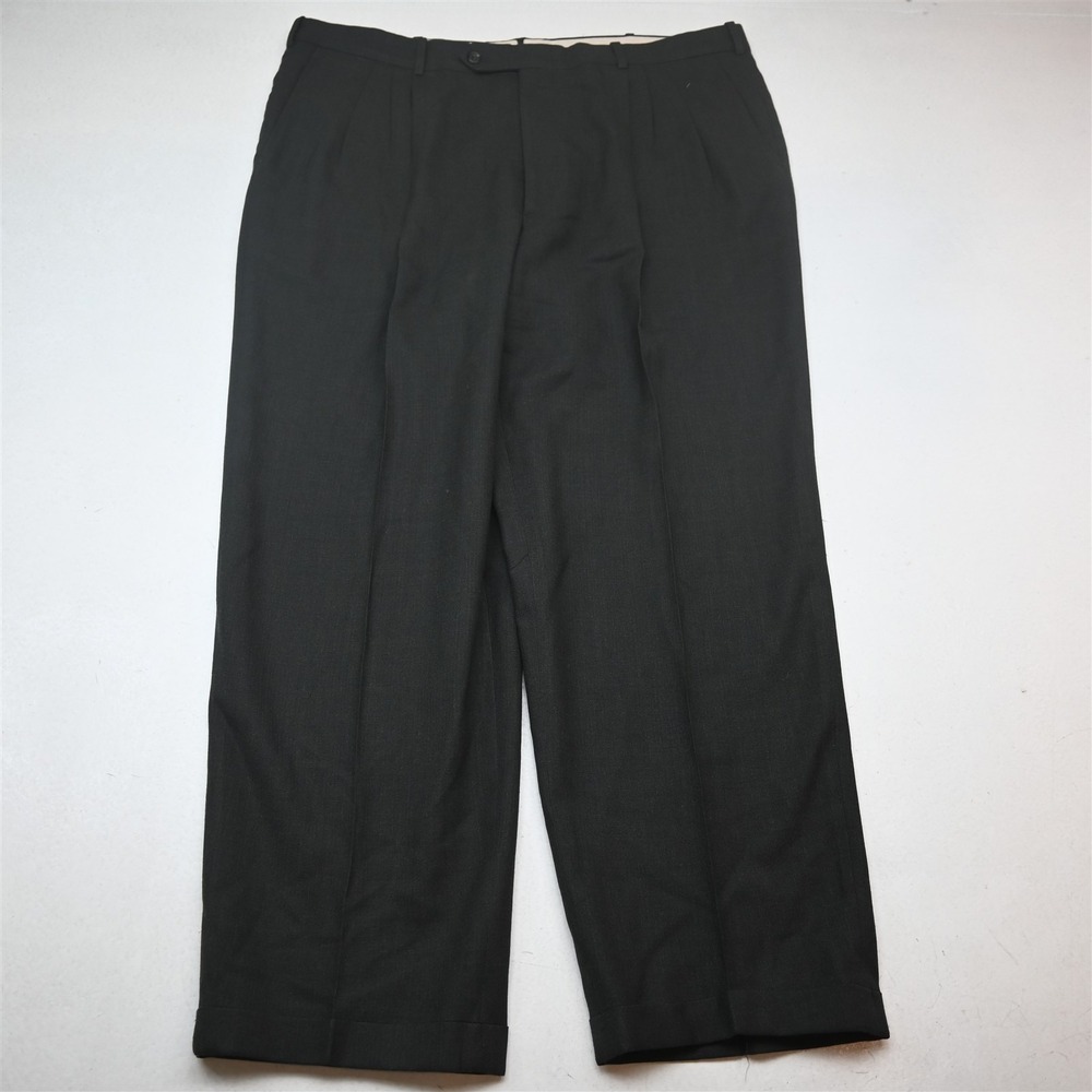 Vtg USA Made 40x30 Dark Green Gray 100% Wool Pleated Cuffed Baggy Dress Pants